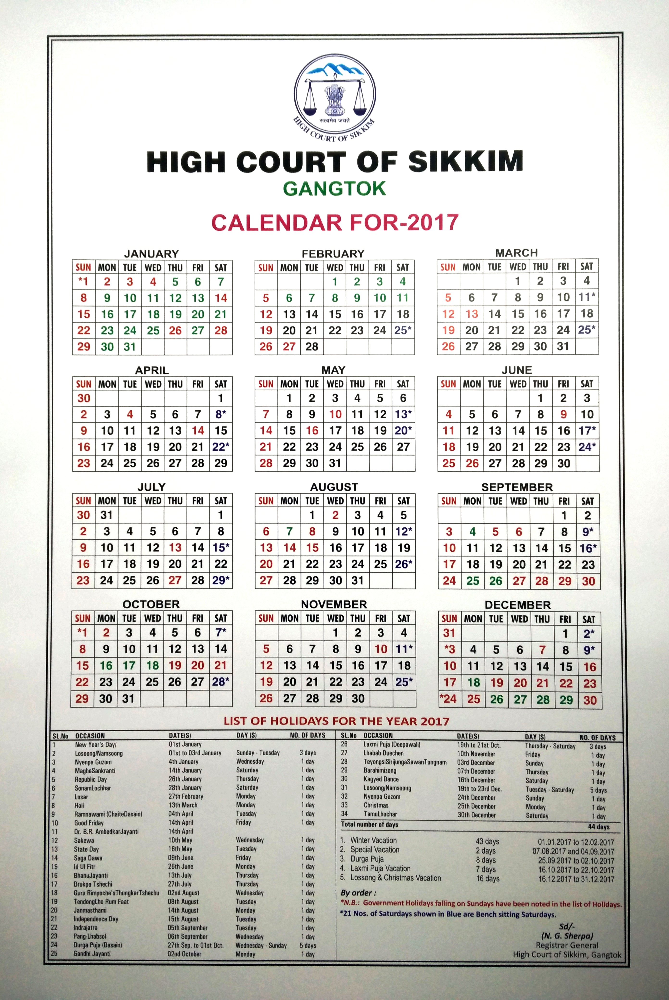 Calander of High Court of Sikkim 2017