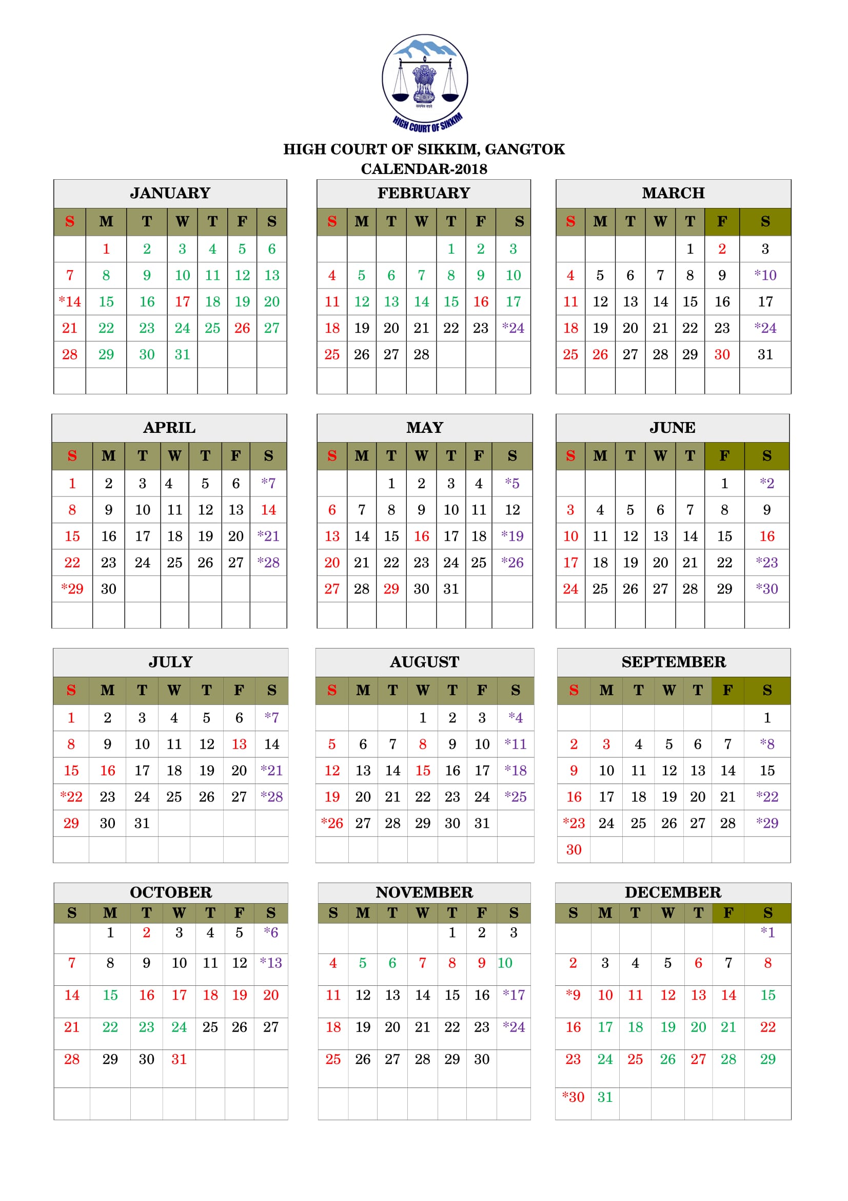 Calender 2018