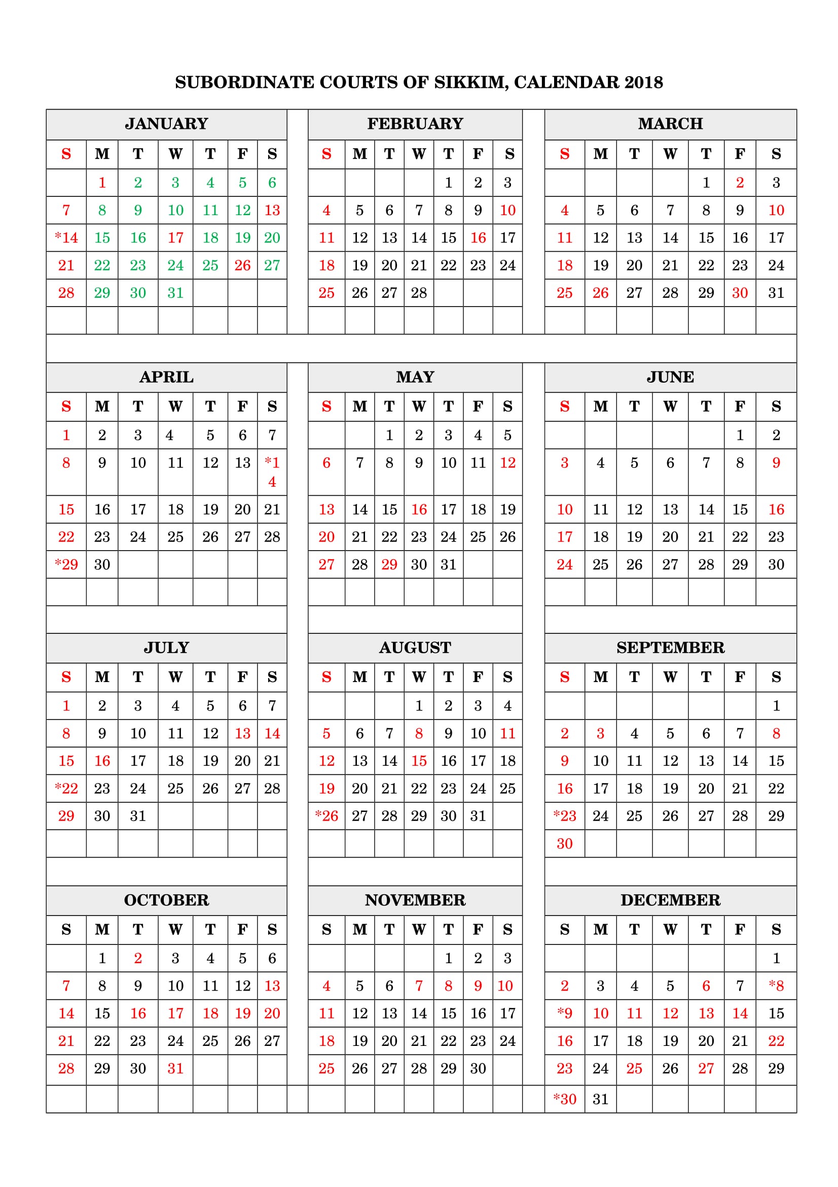 Subordinate Calender 2018